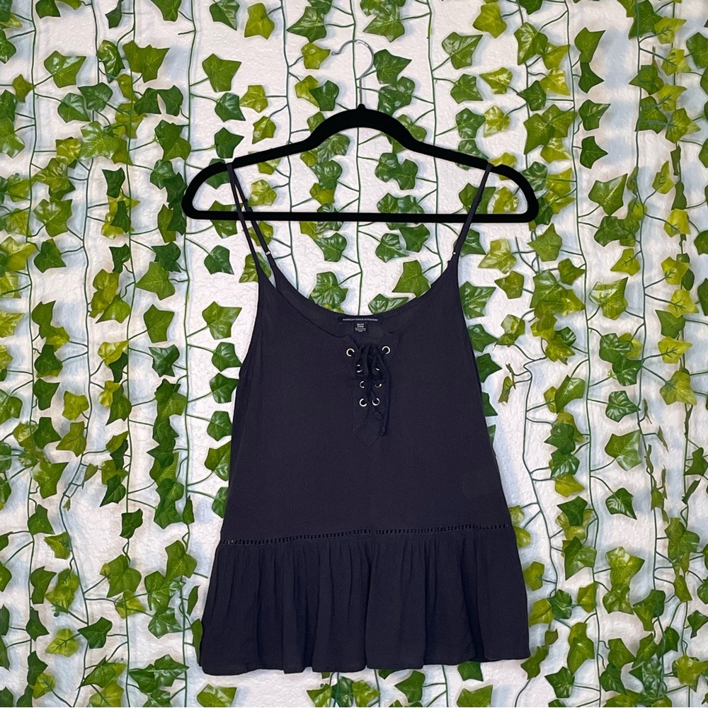 American Eagle Outfitters Dark Gray Lace Up Front Tank Top Summer Vacation Flowy
